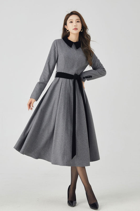 Gray Swing Fit and Flare Wool Dress 4524