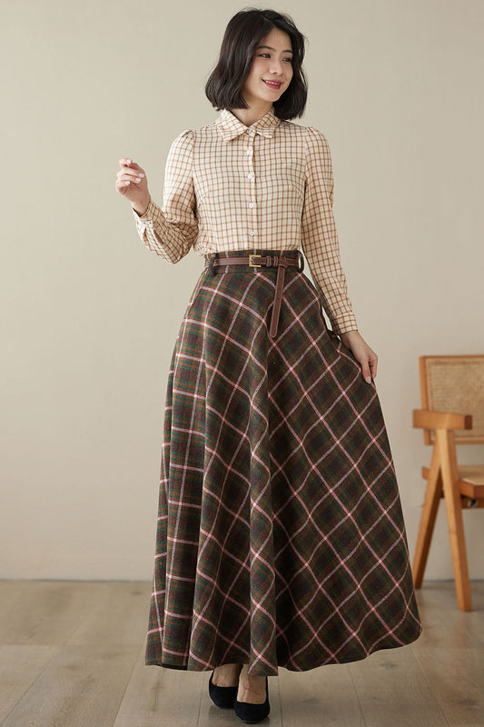 Elegant Plaid Wool Blend Skirt – Handmade Brown Full Winter Maxi | Xiaolizi 4620