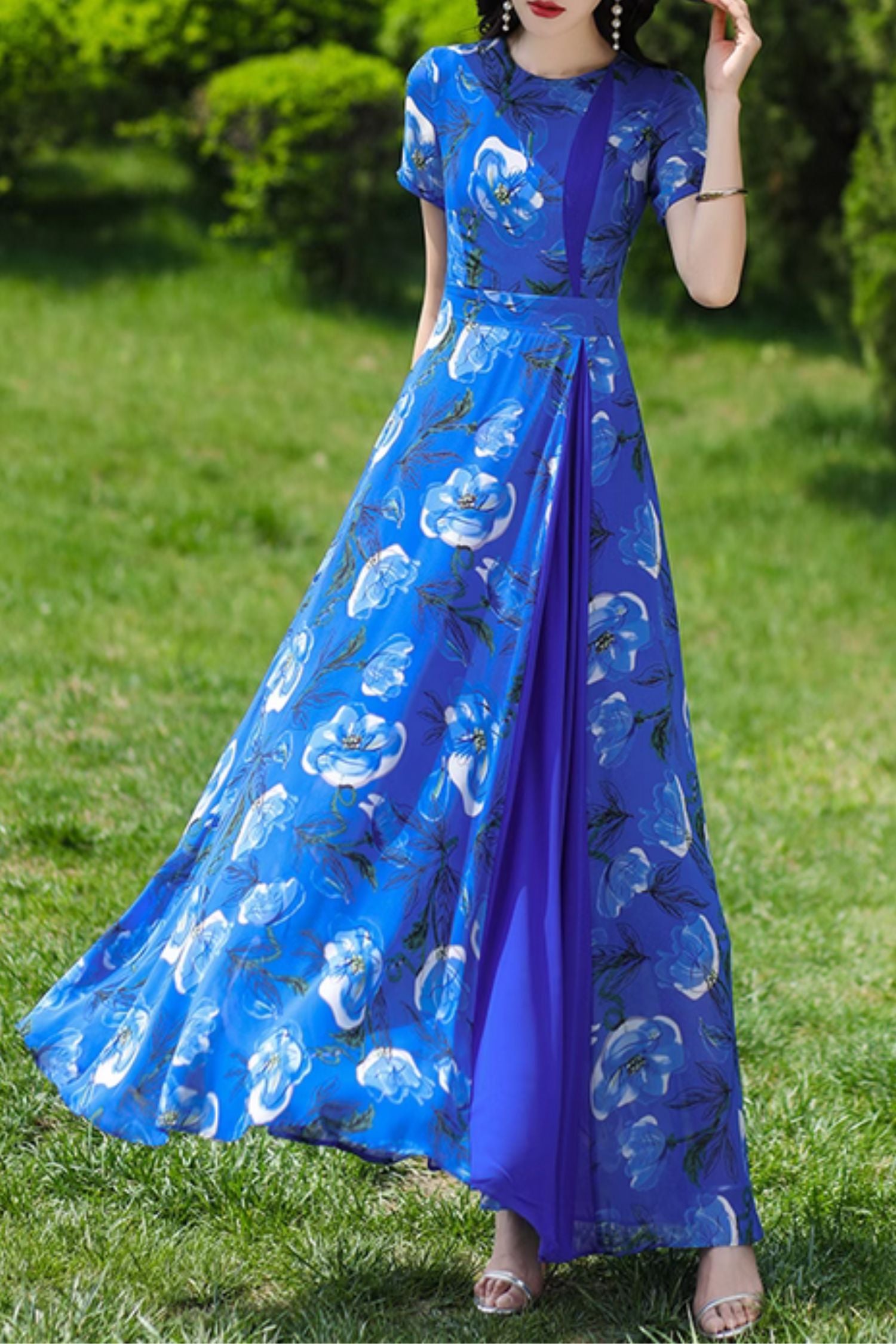 Blue floral printed patchwork summer chiffon dress 4992 Xiaolizi Blue floral printed patchwork summer chiffon dress 4992 Xiaolizi