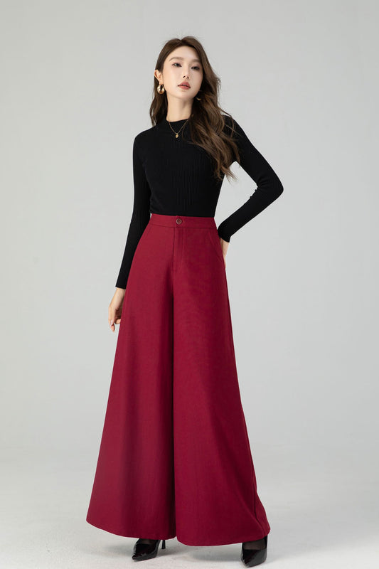 High waist burgundy wide leg long wool pants 4553