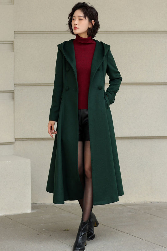 Green Hooded Wool Coat – Handmade Long Fit and Flare Double-Breasted Winter Overcoat for Women 6537