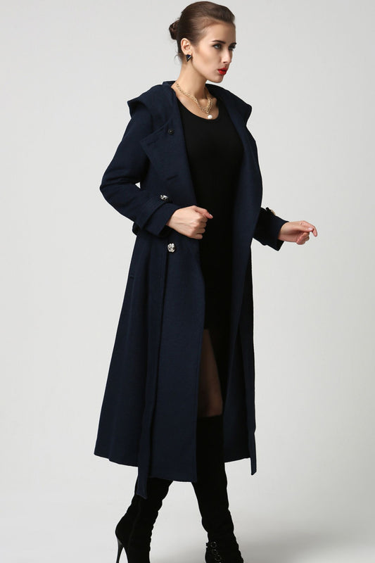 Long Wool Coat with Hood – Double Breasted Navy Blue Winter Coat with Self-Tie Belt 1114