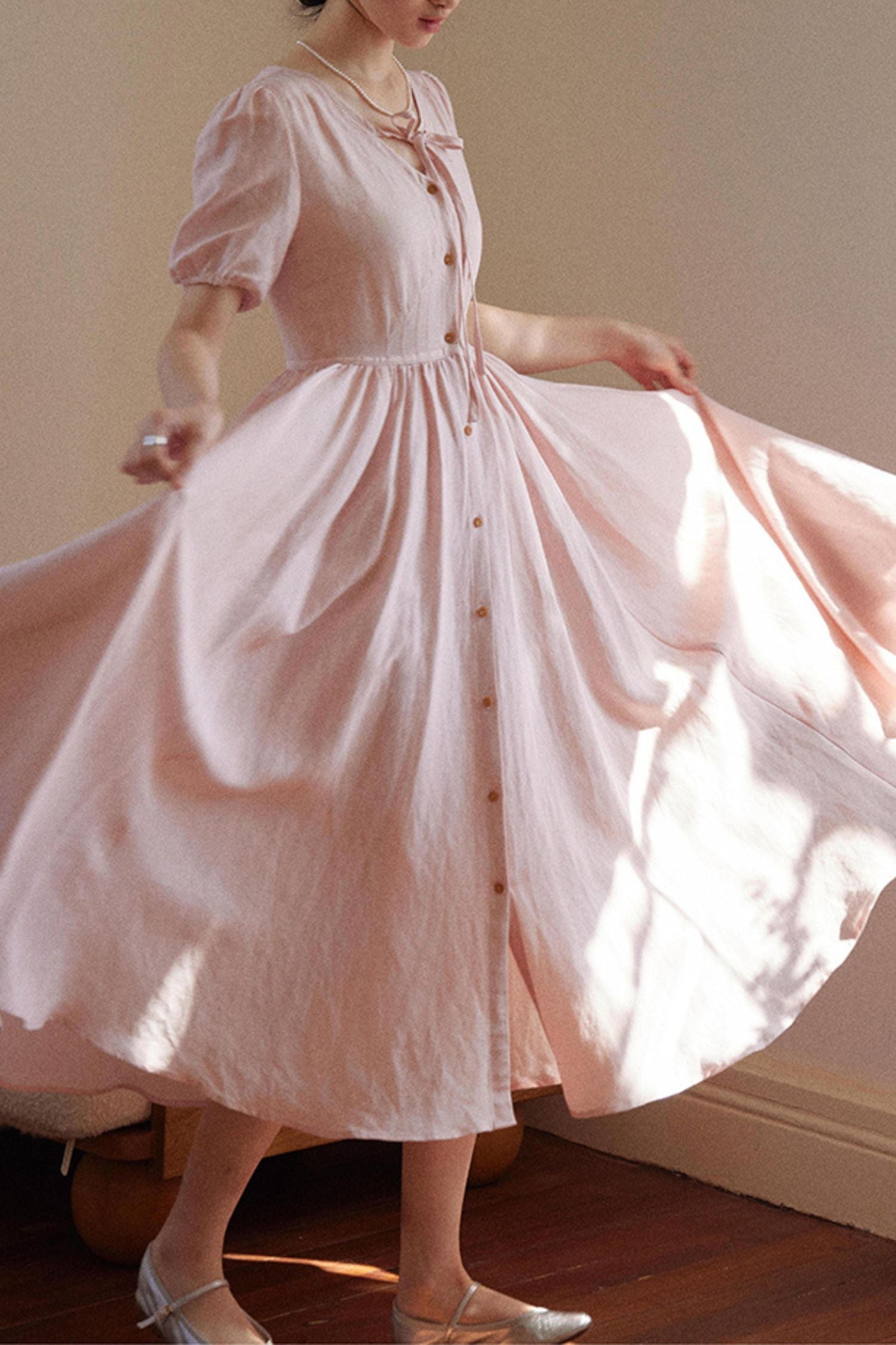 Pink fit and flare summer linen dress HY0037 Xiaolizi Pink fit and flare summer linen dress HY0037 Xiaolizi