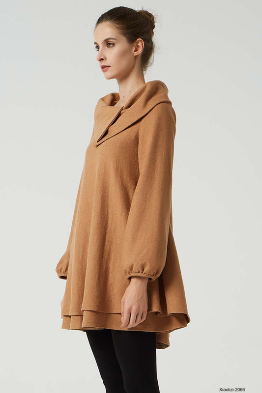 Vintage Wool Tunic Dress – Camel Brown with Asymmetrical Collar – 2066