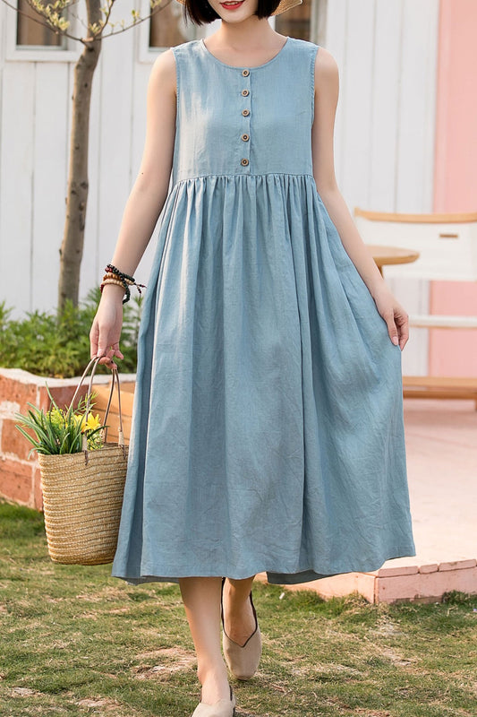 A line loose fitting light blue linen dress 2804