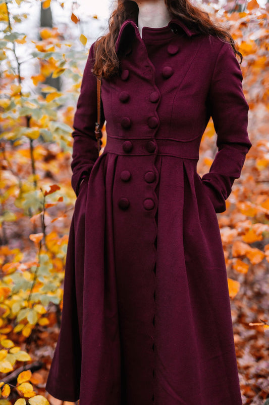 Handmade Burgundy Wool Coat – Autumn Princess Fit & Flare Overcoat 4741