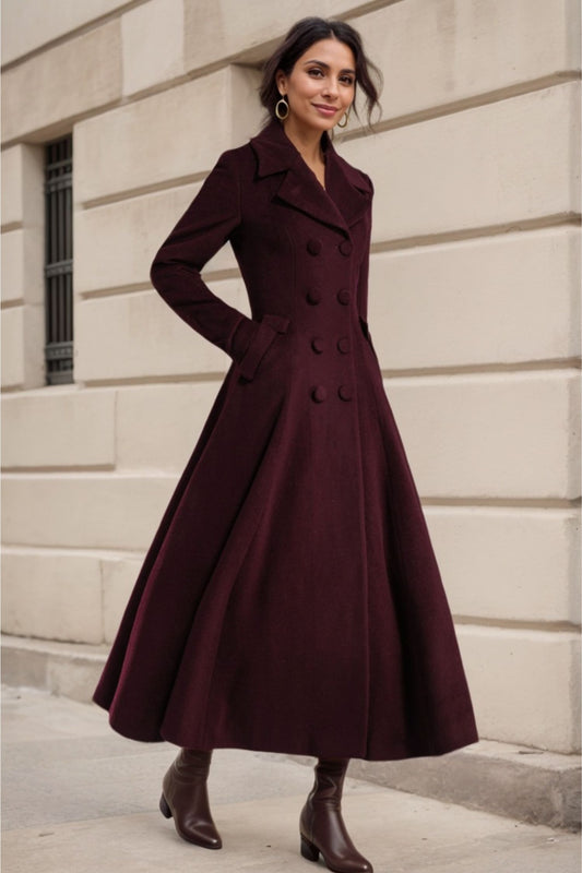 Burgundy Wool Swing Coat – Vintage 1950s Double Breasted Long Overcoat 3239