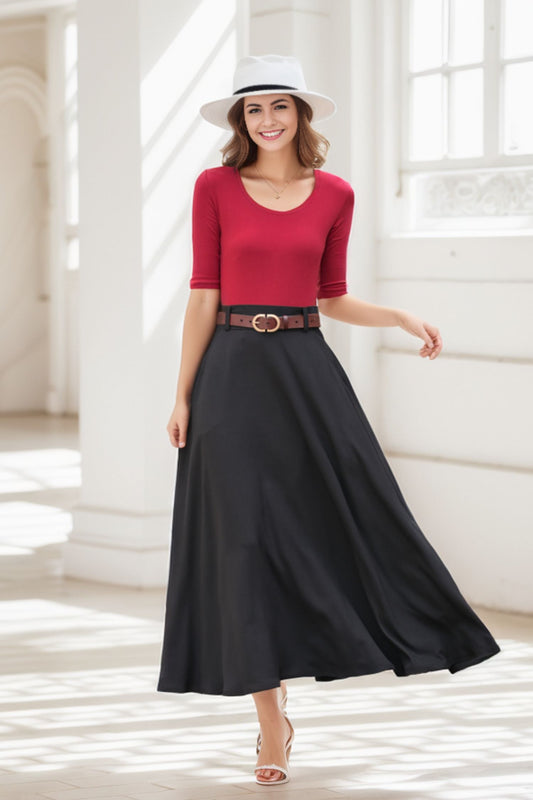 Black A Line Maxi Linen Skirt with Pockets 2779