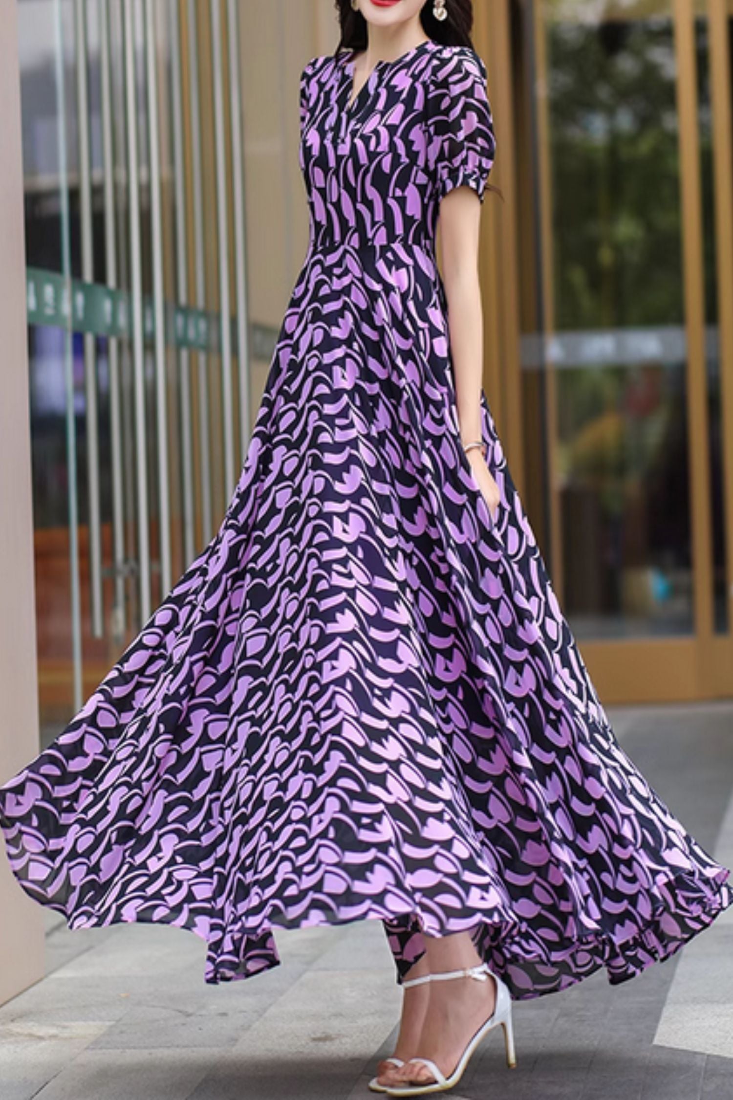 black and purple summer dress EastFlair2 Women Black And Purple Floral Print Elegant Summer Dress,Chinese Style Patterns Fit-And-Flare Plunge Neck Vacation Party Wedding Dinner