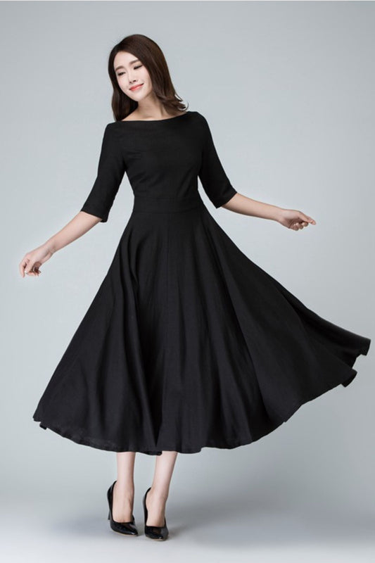 Black Linen Fit and Flare Dress – Vintage Little Black Dress with Pockets 1458