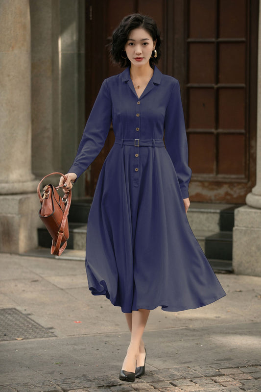 Xiaolizi Linen Shirt Dress – Vintage Belted Swing Midi Dress 6283