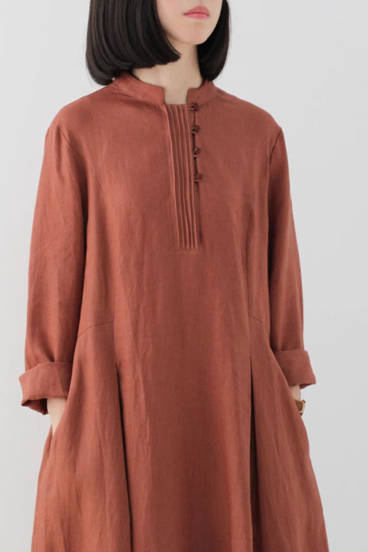 Rust Linen Maxi Dress - Banded Neckline with Pockets 4826