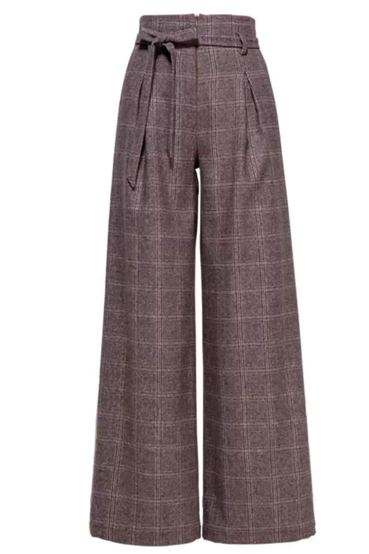 High waist plaid wool pants women 6223