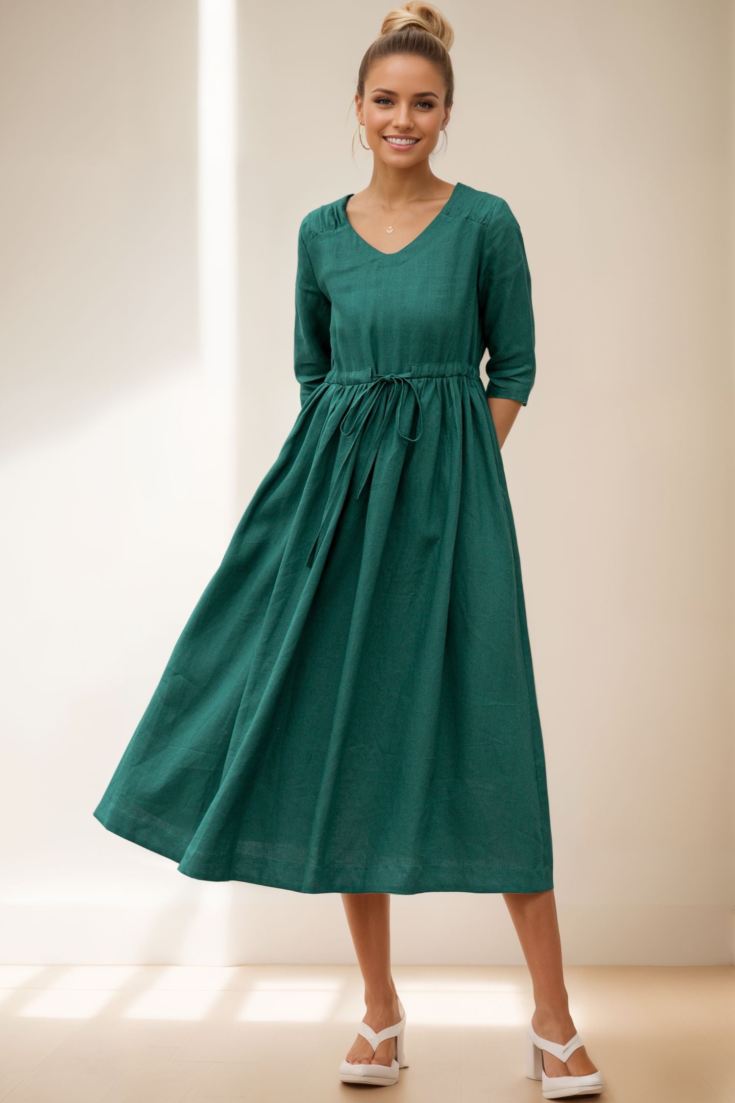 Plus size casual midi linen dress 4975 Xiaolizi Plus size casual midi linen dress 4975 Xiaolizi