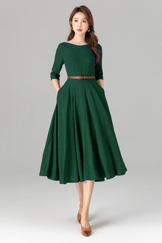 Handmade Green Linen Cotton Midi Dress – Classic Fit & Flare with Pockets 5580