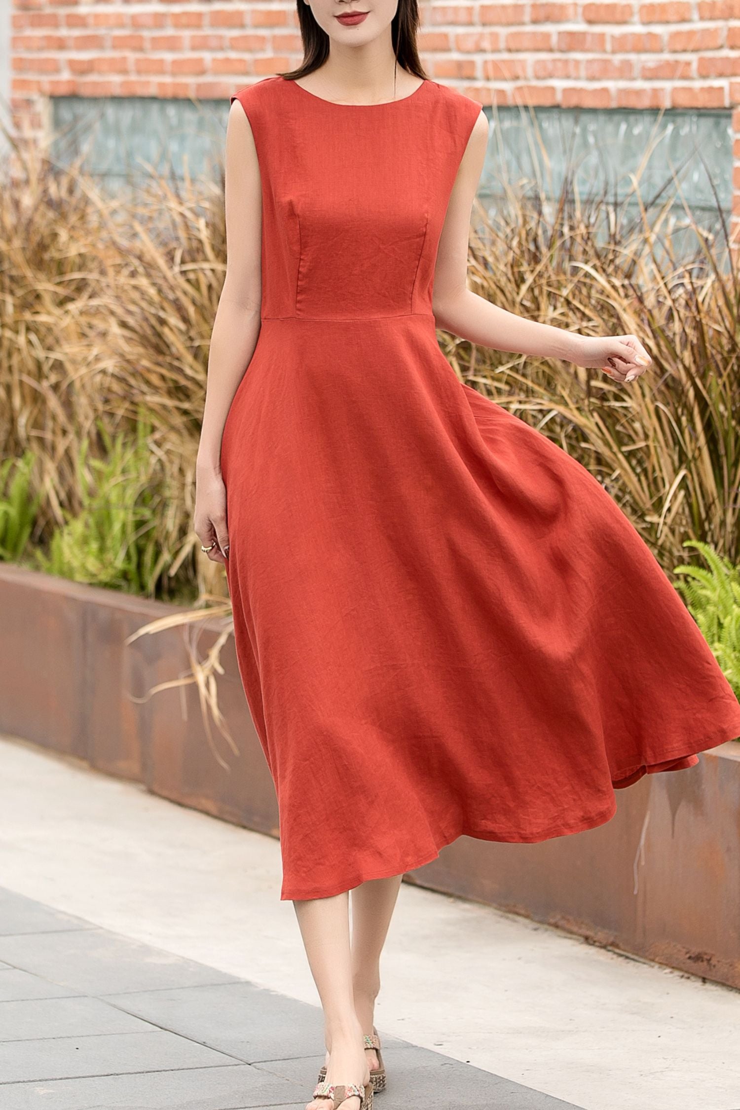 Orange sleeveless summer midi linen dress 2741 Orange sleeveless summer midi linen dress 2741