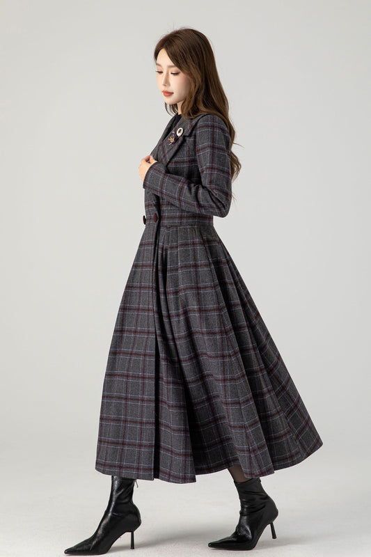 Handmade Plaid Wool Coat – Vintage Fit & Flare Double-Breasted Winter Overcoat | Xiaolizi 4607