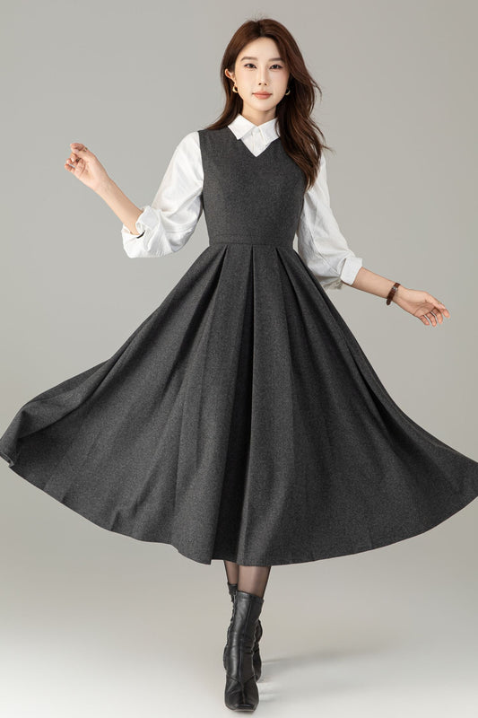 Handmade Wool Blend A-Line Midi Dress – Vintage Winter Swing Style | Xiaolizi 6498