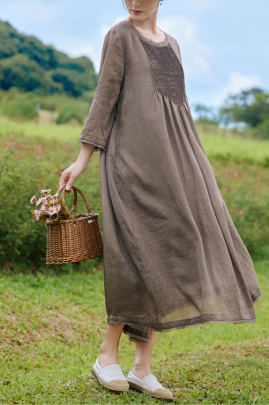 A line loose fitting womens linen dress 4834