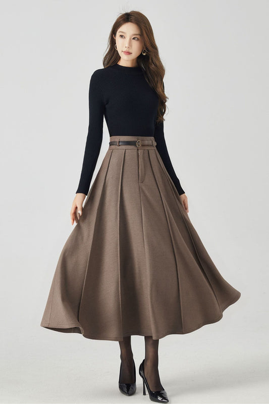 Handmade Wool Pleated Midi Skirt – High Waist Brown Winter Skirt | Xiaolizi 5250