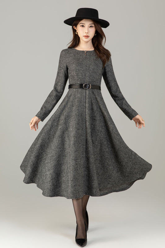 Xiaolizi Vintage-Inspired Handmade Wool Blend Fit & Flare Midi Dress – Long Sleeve Round Neck 6501