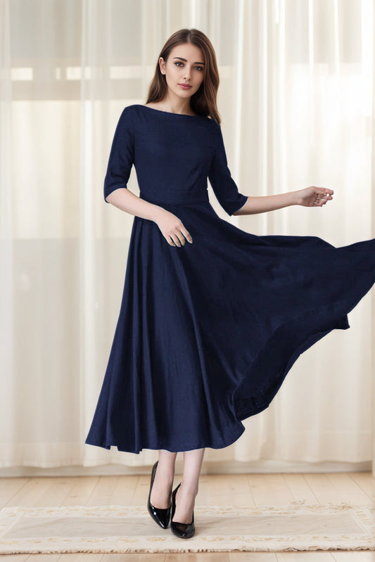 Xiaolizi Navy Linen Dress – Vintage Fit and Flare Midi Dress with Pockets 6654