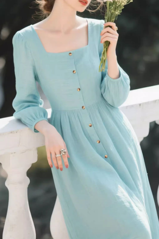 Linen Midi Dress – Vintage Square Neck Button Front Summer Dress | Xiaolizi 6638