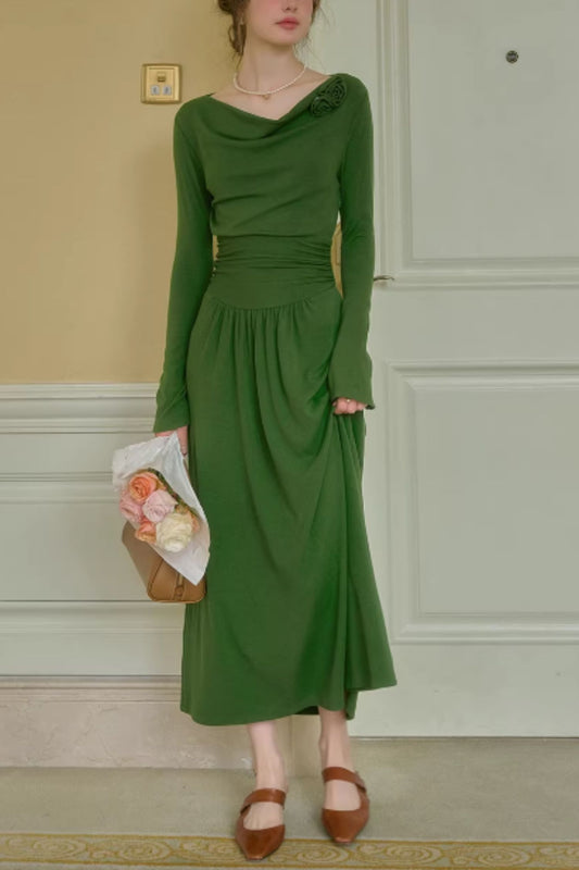 Green Long Sleeve Knit Maxi Dress – Vintage Elegant Draped Silhouette | Xiaolizi 6683