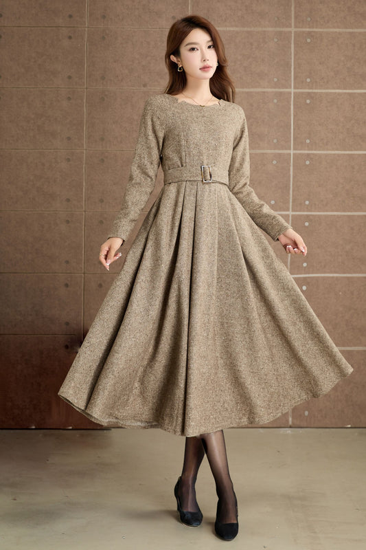 Handmade Wool Blend Dress – Elegant Camel Midi with Pockets 5361