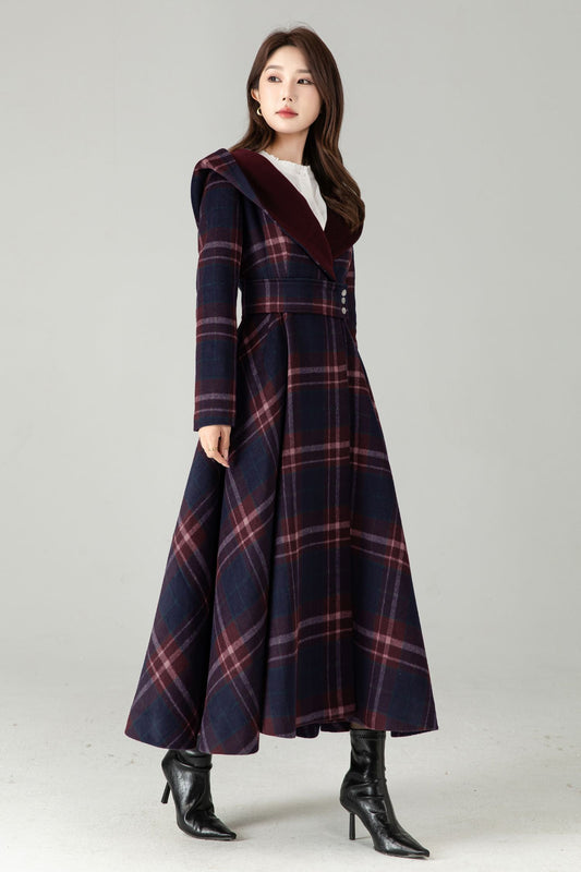 Plaid Hooded Wool Coat – A-Line Long Winter Coat with Contrast Lapel | Xiaolizi 6570