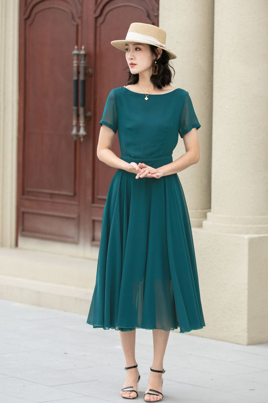 Midi fit and flare summer swing chiffon dress 6104