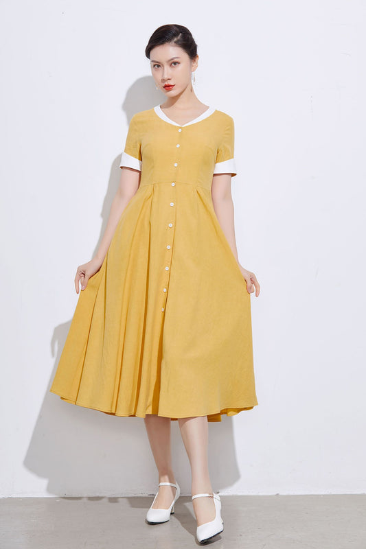 Handmade Yellow Linen Cotton Shirt Dress – Vintage Fit & Flare with Pockets 2317
