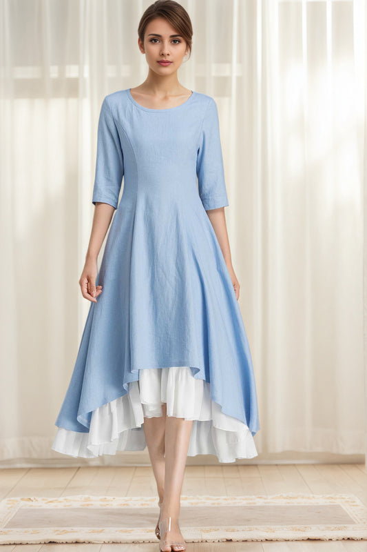 Blue Linen High-Low Swing Dress – Vintage Chiffon Ruffle Hem Midi 6628