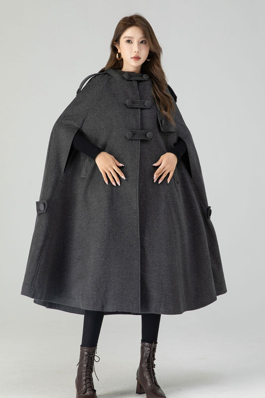 Handmade Dark Gray Wool Hooded Cape – Vintage Winter Cloak Coat with Pockets 4558