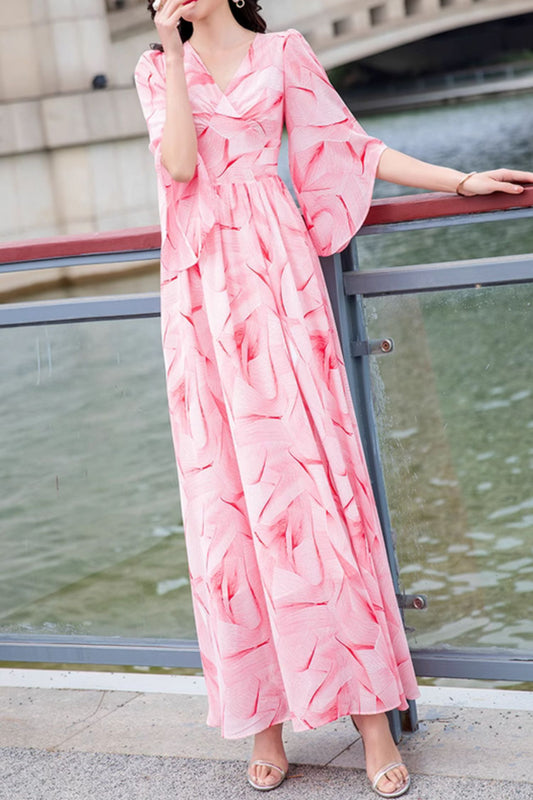 Pink Chiffon Maxi Dress - High Waist Flowy Silhouette 5035