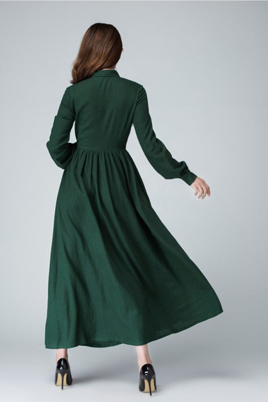 Green Tie-Neck Maxi Dress in Linen-Cotton Blend 1455