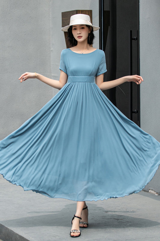 Hight waist Blue chiffon maxi dress 5862