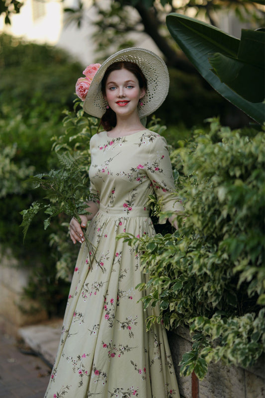 Floral Linen Dress - Pleated Waist, Round Neck, Ruffle Sleeves 1710