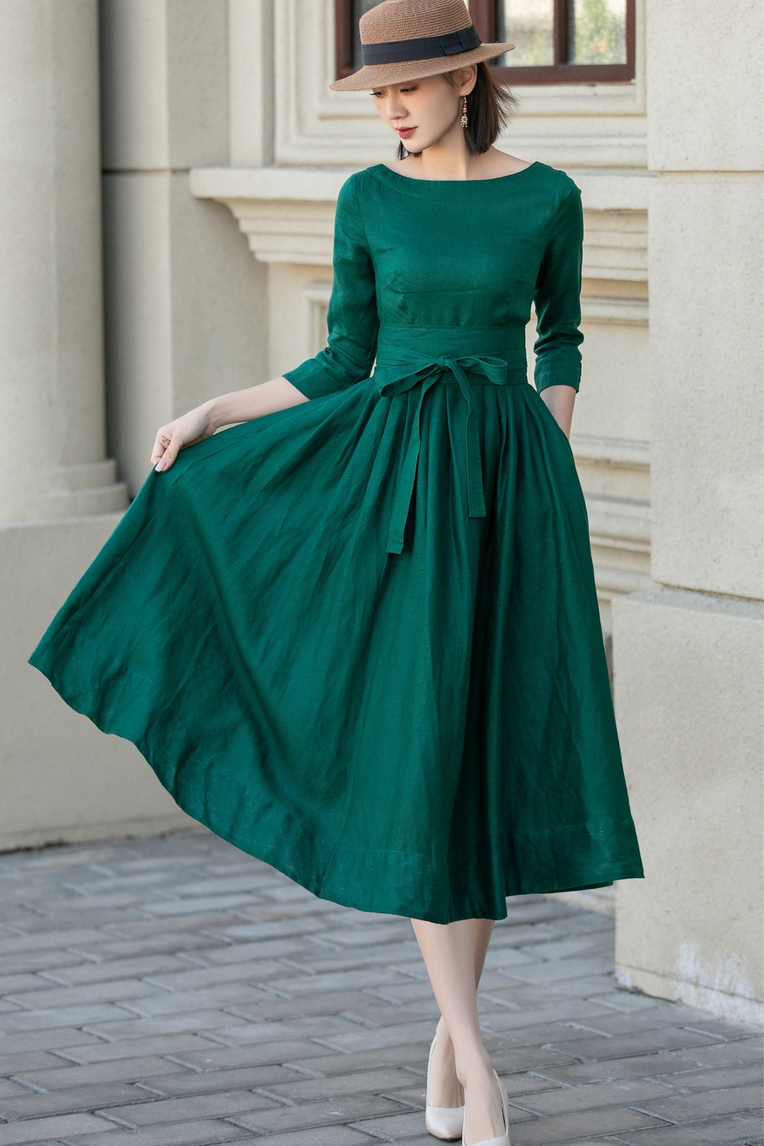 Green Linen Dress with Bow Tie Waist 5721 Green Linen Dress with Bow Tie Waist 5721