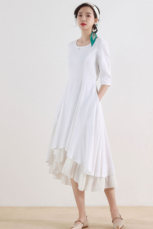 White Linen Summer High-Low Dress with Flowy Hem 2517