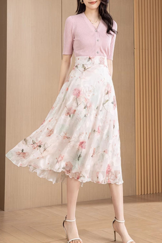 Midi high waisted printed chiffon skirt 6189