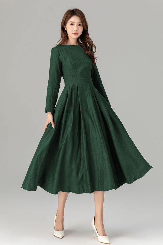 Green Midi linen dress for women 5763