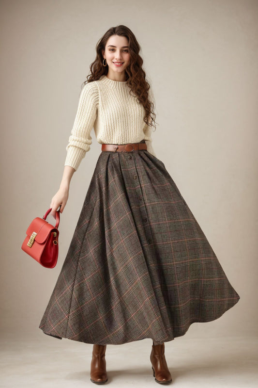 Plaid Wool Maxi Skirt – Handmade Brown Winter Full Skirt with Pockets | Xiaolizi 5251