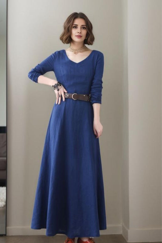 Blue Linen Maxi Dress - V-Neck A-Line Silhouette 5514