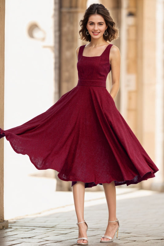 Handmade Linen Midi Dress – Vintage Fit and Flare Sleeveless Dress in Deep Red 6655