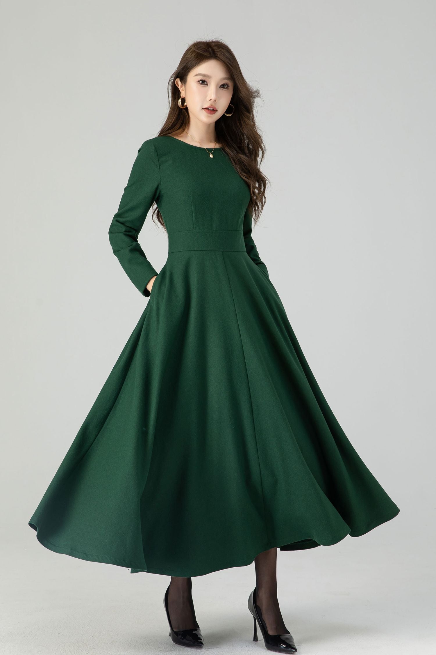 Green Wool Maxi Dress Womens Long Sleeve Winter Fit and Flare Green / XS Green Wool Maxi Dress Womens Long Sleeve Winter Fit and Flare Green / XS