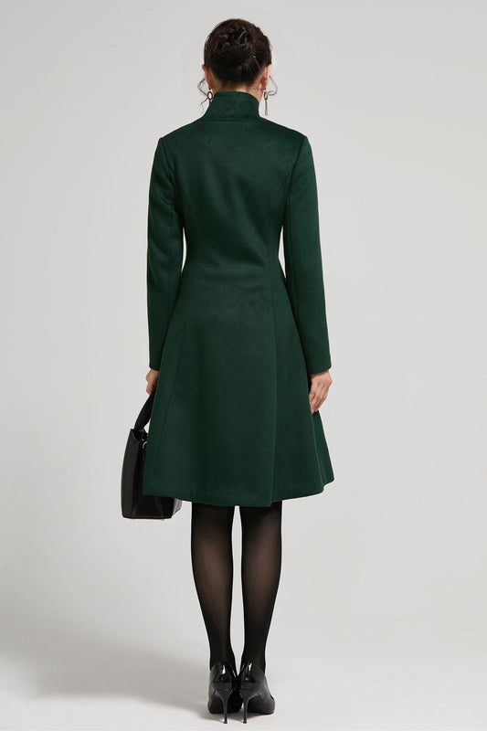 Emerald Green Wool A-Line Winter Coat - Vintage Stand Collar 2313