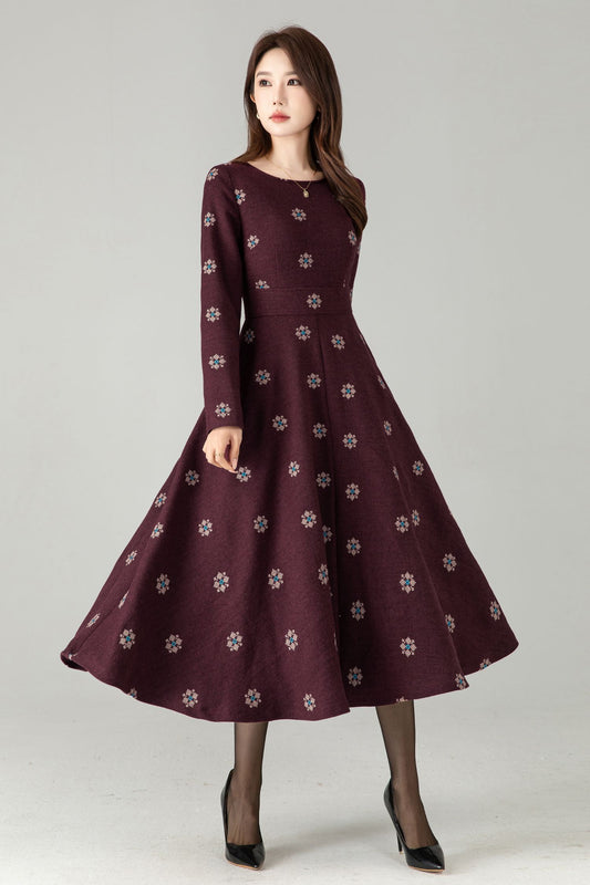Burgundy Embroidered Wool Midi Dress – Fit & Flare Winter Swing Dress | Xiaolizi 6569