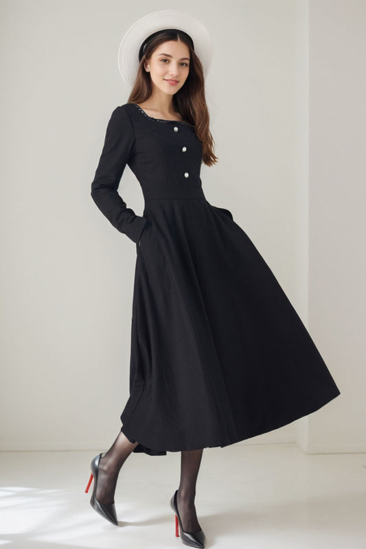 Black Wool Midi Dress - Square Neck, Bead Embellished 5246