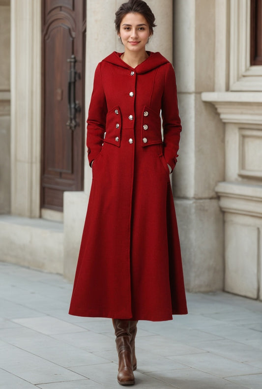 Womens Long Red Wool Coat with Hood 1107